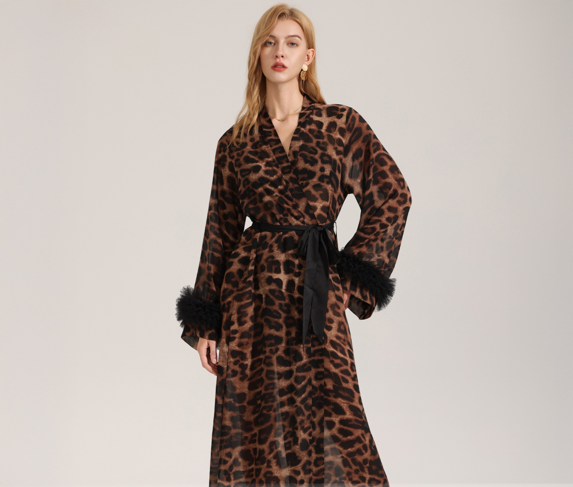 Rinova Women’s Leopard Satin Chiffon Robe Long Sleeve Sleepwear