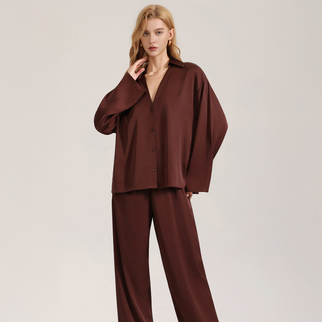Rinova Women’s Satin Chiffon Pajama Set V Neck Long Sleeve Sleepwear