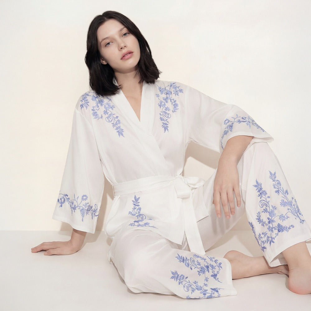 Rinova Women’s Satin Chiffon Pajama Set Long Sleeve Pants Sleepwear