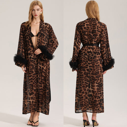 Rinova Women’s Leopard Satin Chiffon Robe Long Sleeve Sleepwear