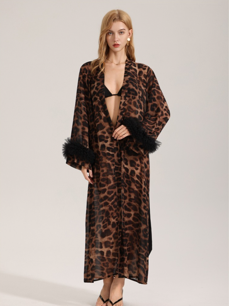 Rinova Women’s Leopard Satin Chiffon Robe Long Sleeve Sleepwear