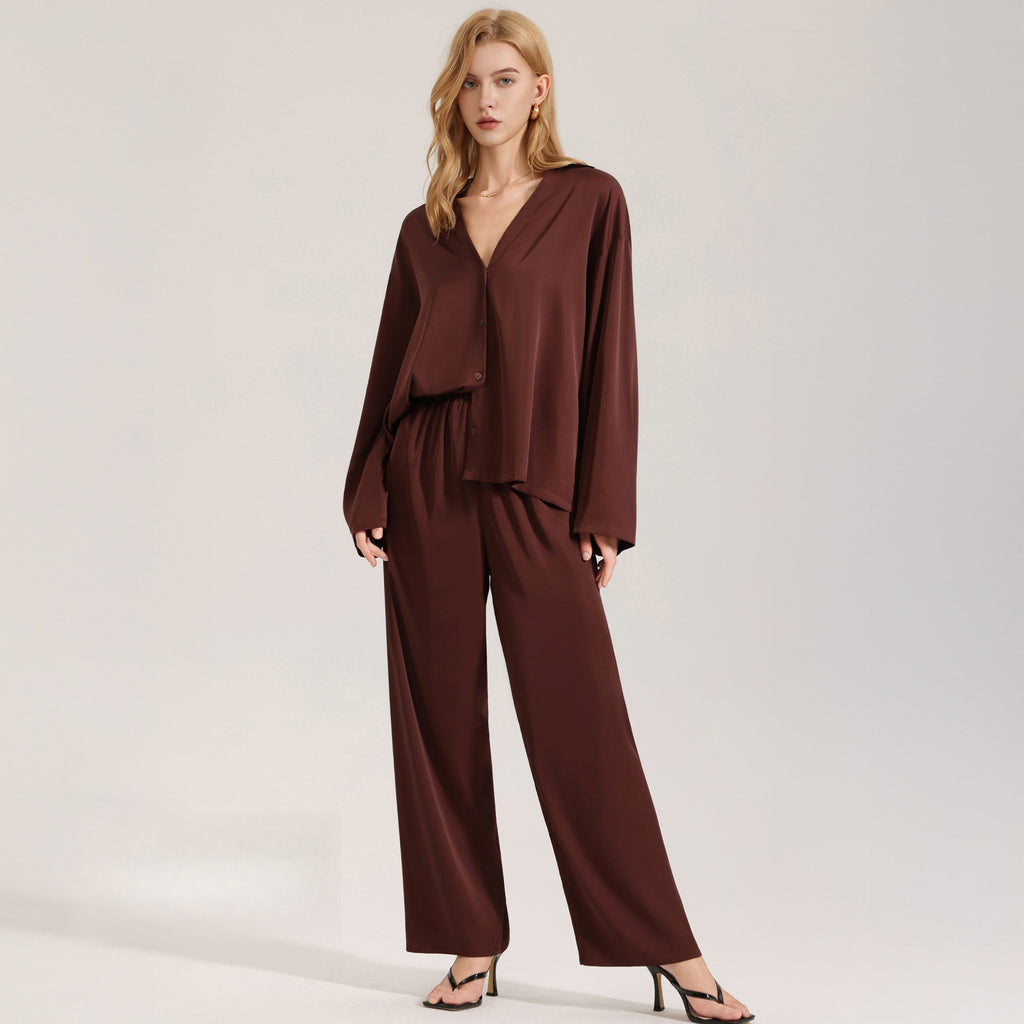 Rinova Women’s Satin Chiffon Pajama Set V Neck Long Sleeve Sleepwear