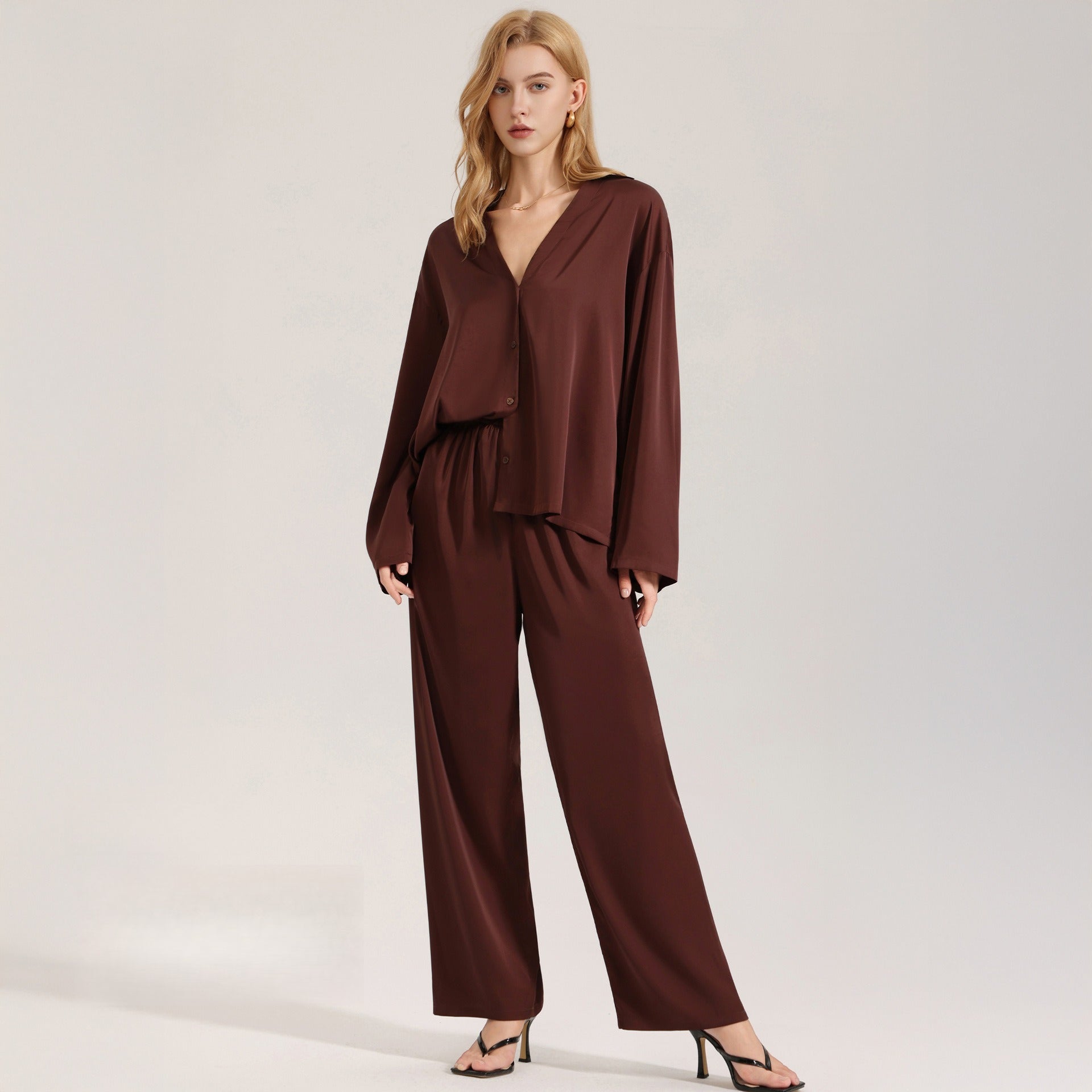 Rinova Women’s Satin Chiffon Pajama Set V Neck Long Sleeve Sleepwear