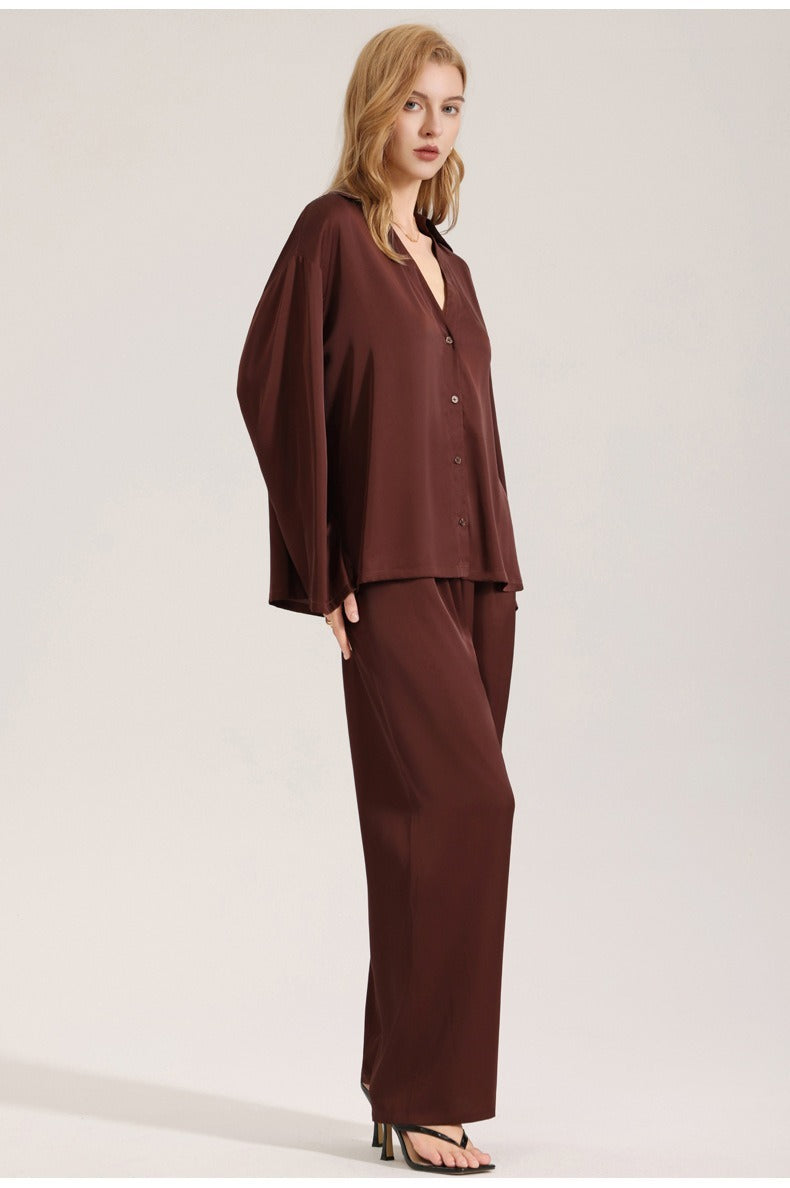 Rinova Women’s Satin Chiffon Pajama Set V Neck Long Sleeve Sleepwear