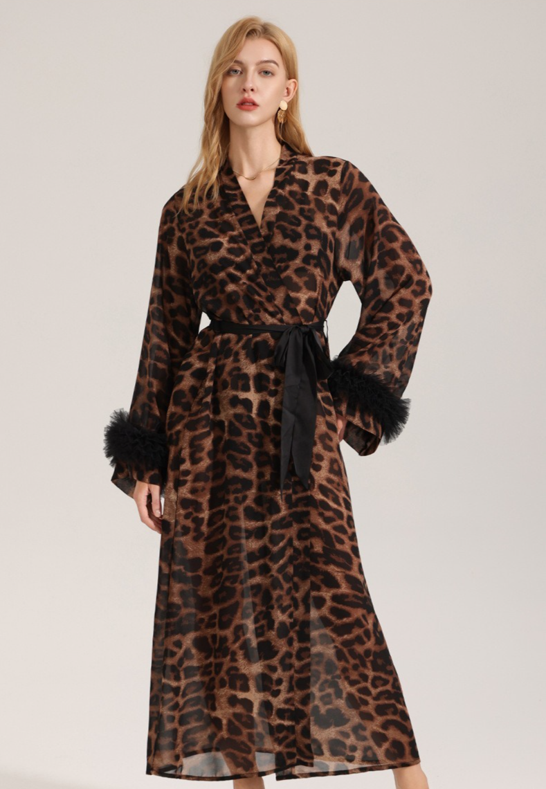Rinova Women’s Leopard Satin Chiffon Robe Long Sleeve Sleepwear