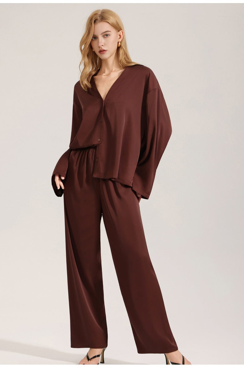 Rinova Women’s Satin Chiffon Pajama Set V Neck Long Sleeve Sleepwear