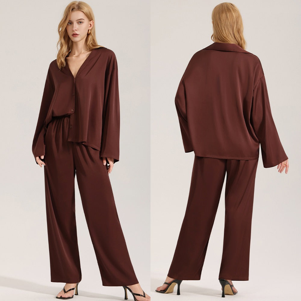 Rinova Women’s Satin Chiffon Pajama Set V Neck Long Sleeve Sleepwear