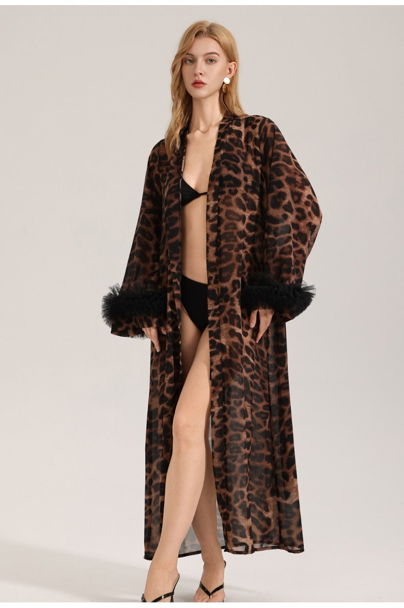 Rinova Women’s Leopard Satin Chiffon Robe Long Sleeve Sleepwear