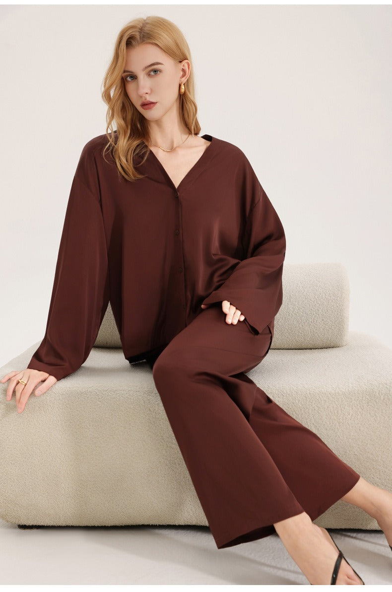 Rinova Women’s Satin Chiffon Pajama Set V Neck Long Sleeve Sleepwear