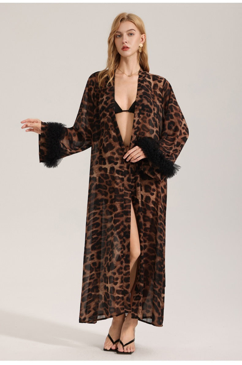 Rinova Women’s Leopard Satin Chiffon Robe Long Sleeve Sleepwear