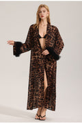 Rinova Women’s Leopard Satin Chiffon Robe Long Sleeve Sleepwear